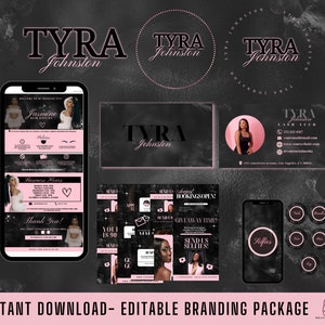 May include: Editable branding package for a lash tech business named "Tyra Johnston". The package includes a logo, business card, social media graphics, and a website template. The design features a black and pink color scheme with a marble background.