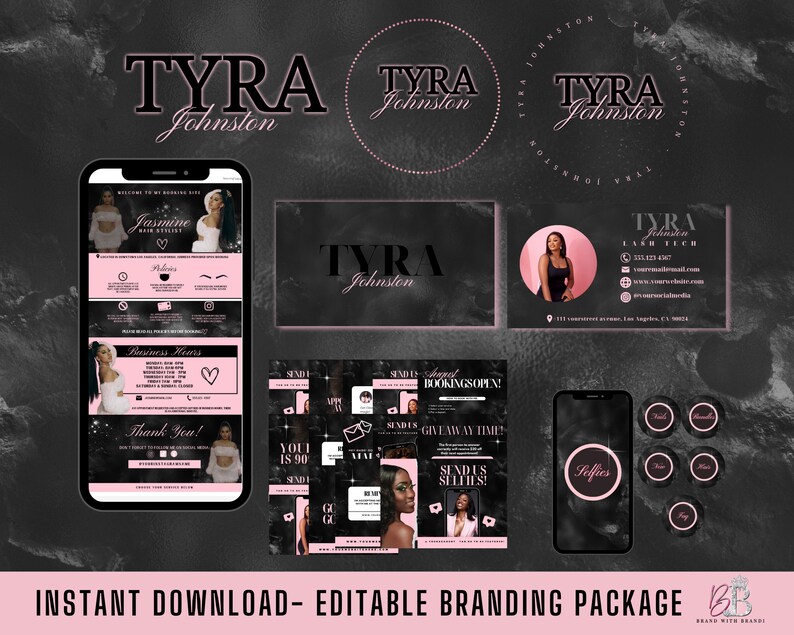May include: Editable branding package for a lash tech business named "Tyra Johnston". The package includes a logo, business card, social media graphics, and a website template. The design features a black and pink color scheme with a marble background.