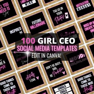 Op de afbeelding: Een collage van 100 social media sjablonen voor vrouwelijke CEO's. De sjablonen hebben zwarte achtergronden met roze en gouden accenten. De tekst op de sjablonen bevat motiverende citaten en zinnen zoals "Beperk je geest", "Toekomstige miljonair", "Tag ons in je foto's", "Boss Up And Create Your Own", "Goede dingen komen naar degenen die hard werken", "Eigenlijk kan ik", "Wees niet druk, wees productief", "Stemming: CEO,000,000", en "Mijn imperium opbouwen".