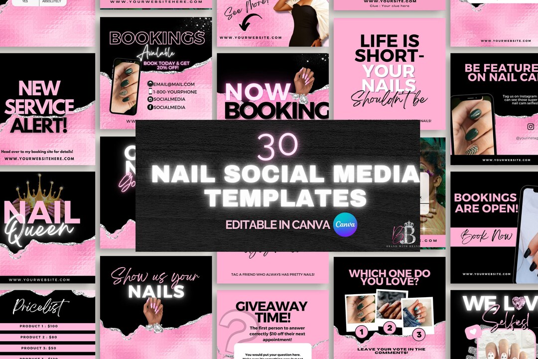 Nail Tech Social Media Posts, 30 Editable Nail Instagram Flyers, Pink and Black IG Post