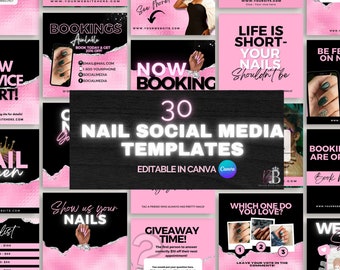 Nail Tech Social Media Posts, 30 Editable Nail Instagram Flyers, Pink and black IG post templates, Canva Flyer, Instagram Post