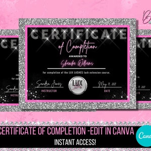 Certificate of Completion Template | DIY Black Training Course Award Beauty Makeup Nails Lash Tech Editable Canva Template