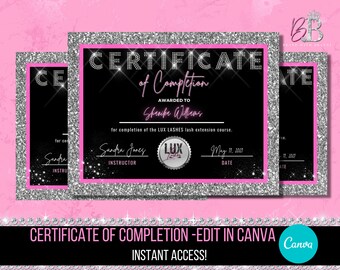 Certificate of Completion Template | DIY Black Training Course Award Beauty Makeup Nails Lash Tech Editable Canva Template