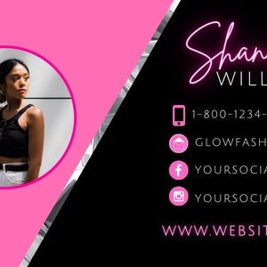 May include: A pink and black business card with a woman's photo, the name "Shanika WILLIAMS", a phone number, email address, and social media icons.