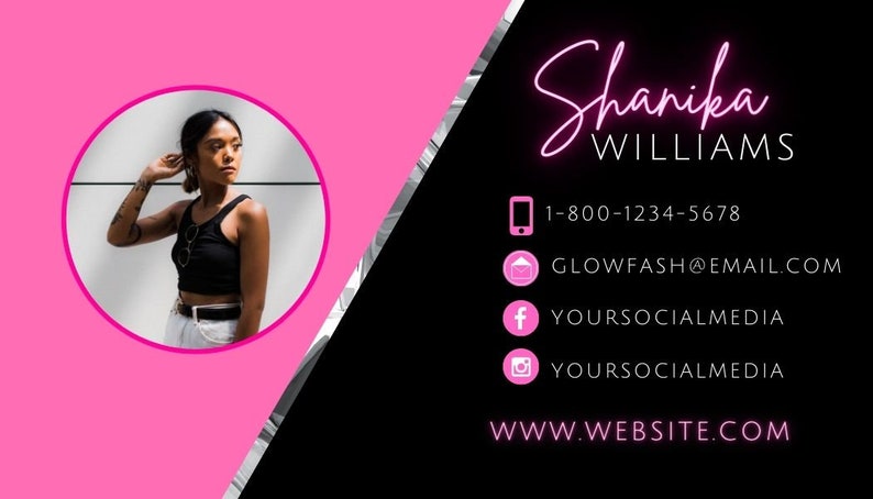 May include: A pink and black business card with a woman's photo, the name "Shanika WILLIAMS", a phone number, email address, and social media icons.