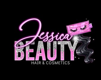 May include: Pink and silver glitter logo for Jessica Beauty, a hair and cosmetics business. The logo features a pink and silver glitter wordmark with the text "Jessica Beauty" and the tagline "Hair & Cosmetics". The logo also features a pink and silver glitter eyelash box with a black hair strand.