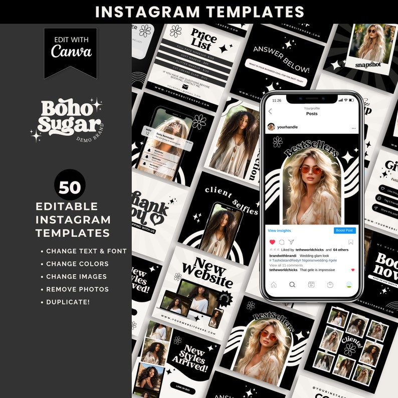 Social Media Templates, 50 Editable Retro Instagram Flyers, Black and ...