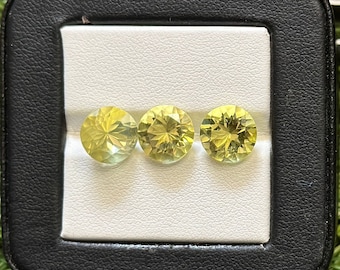 9mm Lemon Quartz Gemstones, Round Brilliant Cut, 3 Piece Set