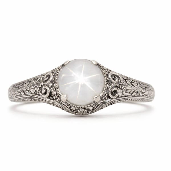 White Star Sapphire Ring – Victorian Engraved Sterling Silver Band