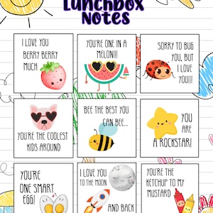 Puede incluir: Una impresión digital de notas para loncheras con ilustraciones coloridas y mensajes divertidos. Las notas presentan imágenes de fresa, sandía, mariquita, perro, abeja, estrella, huevos, luna, cohete, ketchup y mostaza. El texto incluye frases como "Te amo".