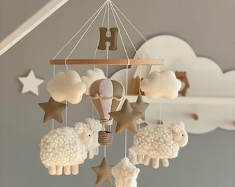 Heteluchtballon mobiel, wieg vilt mobiel met schaap, baby witte mobiel, kinderkamer mobiel, boho klasinrichting, Evening Star mobiel