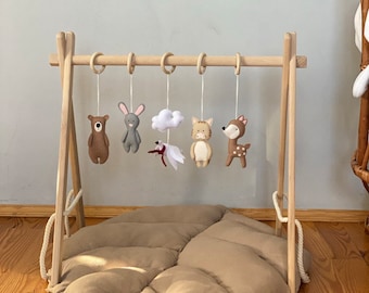 Baby Gym Hanging Toys, Montessori Play Gym Toy, Boho Llama Rainbow Cloud and Moon Toddler Gym Toy, Wooden Baby Toy, Infant Toys.