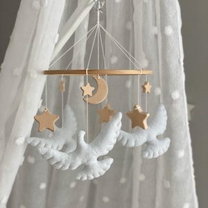 Baby Mobile Nursery Dove, Felt White Dove, Dove of peace, Mobile Birds, Girl Boy Mobile, Montessori Mobile, Modern Wooden Mobile