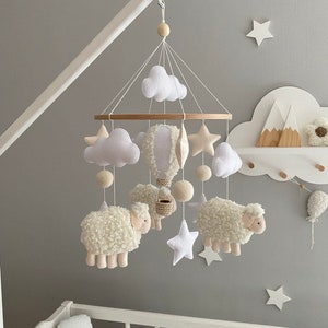 Sheep Baby Mobile, Neutral Sheep Nursery Mobile, Farm Crib Mobile, Baby Boy Cot Mobile, Cloud Wall Art, Nursery Decor, Christmas Baby Gift