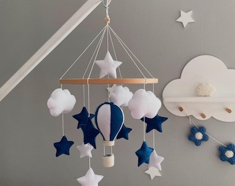 Felt Hot Air Balloon Baby Mobile, Blue and White Nursery Decor