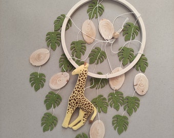 Mobile per bambini in stile giungla fatto a mano con giraffa e foglie – Decorazioni per cameretta dei bambini in stile safari