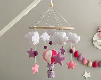 Baby Crib Mobile, Hot Air Balloon Mobile, Stars and Cloud Mobile, Nursery Mobile, Baby Mobile Girl, Gift For Friends, Gift Newborn