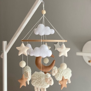 Sheep Moon Nursery Mobile, Baby Neutral Mobile, Clouds Mobile, Felt Star Mobile, Halloween Gift, Crib Mobile, Felt Mobile