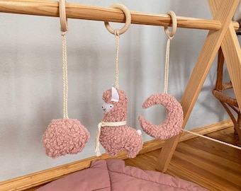 Handmade Baby Gym Toys Set – Pink Llama, Moon, Flowers | Montessori Wooden Ring Rattle | Baby Stroller & Play Gym Hanging Toys