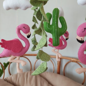 Pink Flamingo Baby Mobile – Felt Cactus Nursery Decor, Tropical Crib Mobile, Handmade Baby Shower Gift, Boho Girl Room Hanging