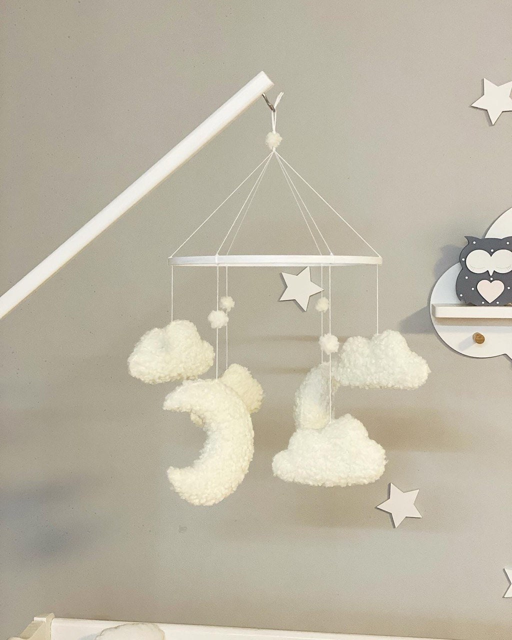 Boucle handmade clouds baby mobile, Nursery Decor for Baby Boy or Girl, Neutral Crib Mobile with Bouclé Clouds and Moon, Minimalist mobile