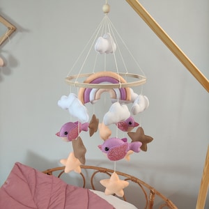 Baby Shower Gift – Handmade Felt Mobile with Birds, Rainbow and Stars – Soft Pastel Nursery Decor for Newborn Girl