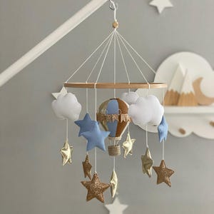 Hot Air Balloon Mobile Nursery, Blue Crib Mobile, Felt Baby Personalized Mobile,  Baby Shower Gift, Personalized Baby Gift, Boy Mobile