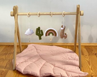 Montessori Baby Gym Toys Set – Soft Felt Llama, Rainbow, Cactus & Cloud – Boho Play Gym Toys – Handmade Sensory Toy for Newborn