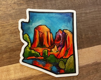 Illustrated Sedona Arizona vinyl sticker art | waterbottle stickers of AZ state | red rocks Arizona colorful weatherproof decal handmade art