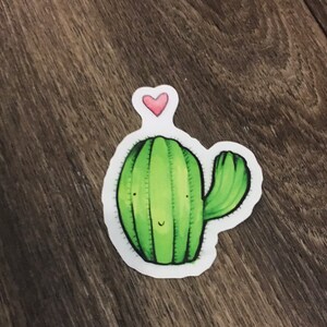 May include: A green cactus with a pink heart on top. The cactus has a smiling face and a single arm.