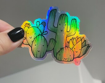 Holographic Happy Cacti vinyl sticker | weatherproof cactus decals | gifts for desert lovers | colorful cactus stickers
