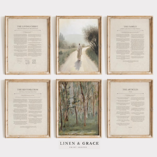 May include: Set of six printable wall art prints featuring text from The Church of Jesus Christ of Latter-day Saints. The prints include The Living Christ, The Family: A Proclamation to the World, The Restoration of the Gospel of Jesus Christ, The Articles of Faith, and two nature-inspired images.