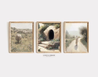 May include: Three framed paintings depicting scenes from the Bible. The first painting shows a flock of sheep in a field. The second painting shows a stone tomb with an open doorway. The third painting shows a man in a white robe walking down a path.