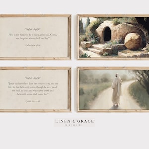 May include: Four printable art prints with a religious theme. The prints feature a quote from the Bible, a painting of a stone tomb, and a painting of Jesus walking on a path. The prints are framed in a light wood frame.