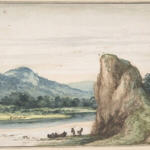 May include: Watercolor painting of a river scene with a rocky cliff on the right side of the image. There are three figures in the foreground, one in a boat and two standing on the shore. The river flows into the distance, where there are hills and trees.