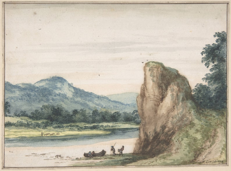May include: Watercolor painting of a river scene with a rocky cliff on the right side of the image. There are three figures in the foreground, one in a boat and two standing on the shore. The river flows into the distance, where there are hills and trees.