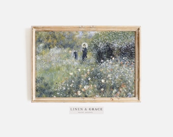 以下が含まれることがあります： 花畑を歩く人々のグループを描いた風景画。絵画は明るい木製の額縁に収められており、落ち着いた色調で描かれている。
