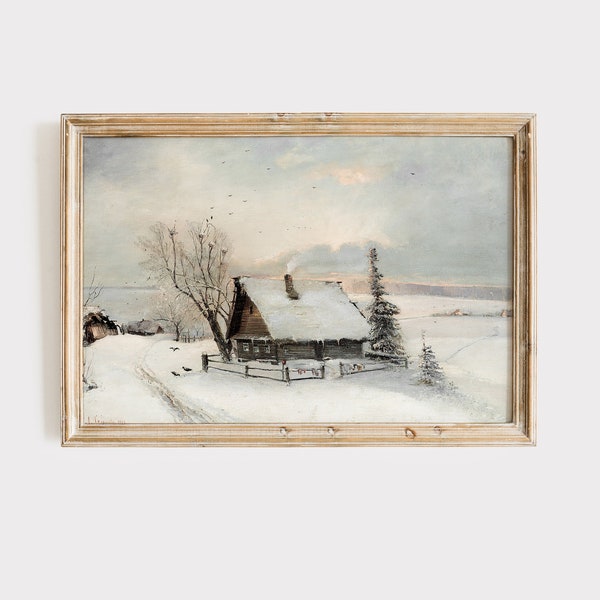 Vintage Winter Cabin /  Antique Oil Painting / Winterscape Download / Christmas Art PRINTABLE / Entry Wall Decor