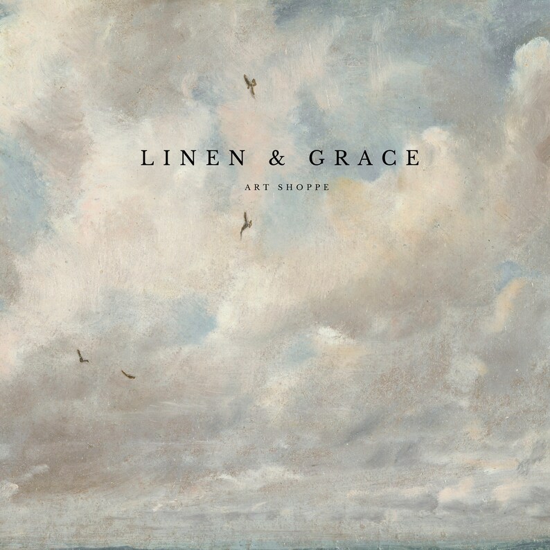 May include: A watercolour painting of a cloudy sky with birds flying. The text "LINEN & GRACE ART SHOPPE" is in the centre of the image.