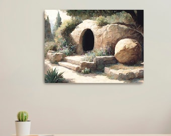 May include: An artistic canvas print depicts a stone tomb entrance with a large round stone. The scene is set in a natural landscape with steps leading to the dark opening, surrounded by greenery and flowers. The artwork has a soft, painterly style.