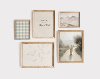 May include: A gallery wall with five framed prints. The prints feature a blue and white gingham pattern, a mountain range with the text "I am a Child of God", a landscape painting of mountains, a painting of a person walking on a path, and a line drawing of birds.