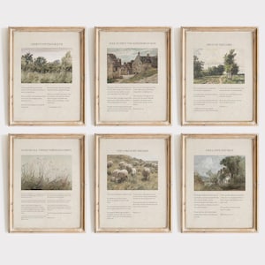 Puede incluir: Seis impresiones de arte de pared imprimibles con versículos bíblicos inspiradores y escenas de la naturaleza. Cada impresión presenta un versículo diferente y una imagen de paisaje de estilo acuarela, que incluye un bosque, un pueblo, un campo de ovejas y un río.