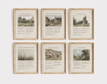 May include: Six printable wall art prints with inspirational bible verses and nature scenes. Each print features a different verse and a watercolor-style image of a landscape, including a forest, a village, a field of sheep, and a river.