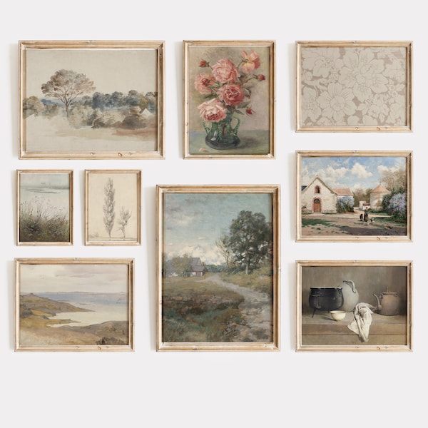 French Country Farmhouse Gallery Set of nine  /  Vintage Portrait Oil Painting Printable / Living Room Art Download / Entry Wall Decor