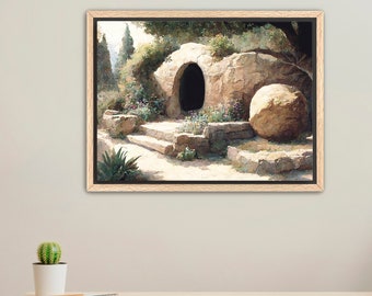 The Tomb is Empty FRAMED Canvas / He is Risen / Christian Bible Art / Easter Wall Decor (Physical Product)