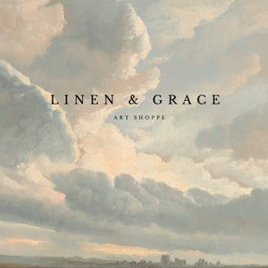 May include: A painting of a cloudy sky with the text "LINEN & GRACE ART SHOPPE" in the center.