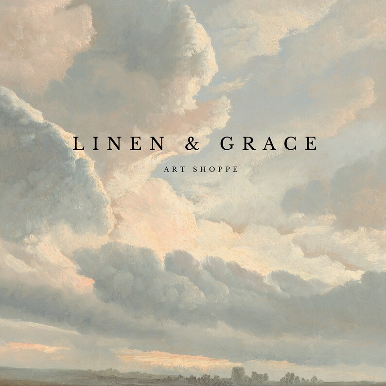May include: A painting of a cloudy sky with the text "LINEN & GRACE ART SHOPPE" in the center.