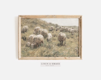 Sheep Grazing  / Landscape Oil Painting / Countryside / Living Room Art Download /  Vintage Art PRINTABLE / Entry Wall Decor