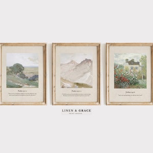 May include: Set of three framed prints featuring watercolour landscapes and bible verses. The first print depicts a green hill with a tree and the verse "The Lord is my shepherd; I shall not want. He makes me lie down in green pastures, he leads me beside quiet waters."