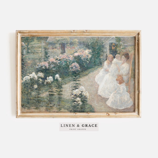 May include: A vintage painting of a garden scene with four figures in white dresses sitting on a path. The painting is framed in a light wood frame.